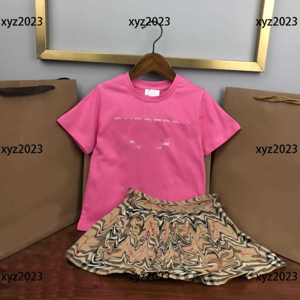 2023 kids clothes child sets baby 2pcs letter printed t-shirt and plaid pleated skirt tracksuit size 100-160 cm, White